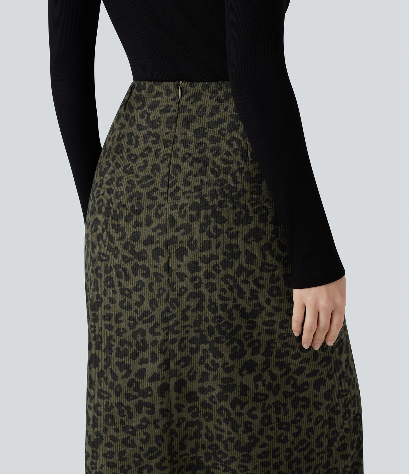 High Waisted Split Hem Midi Leopard Print Corduroy Casual Pencil Skirt