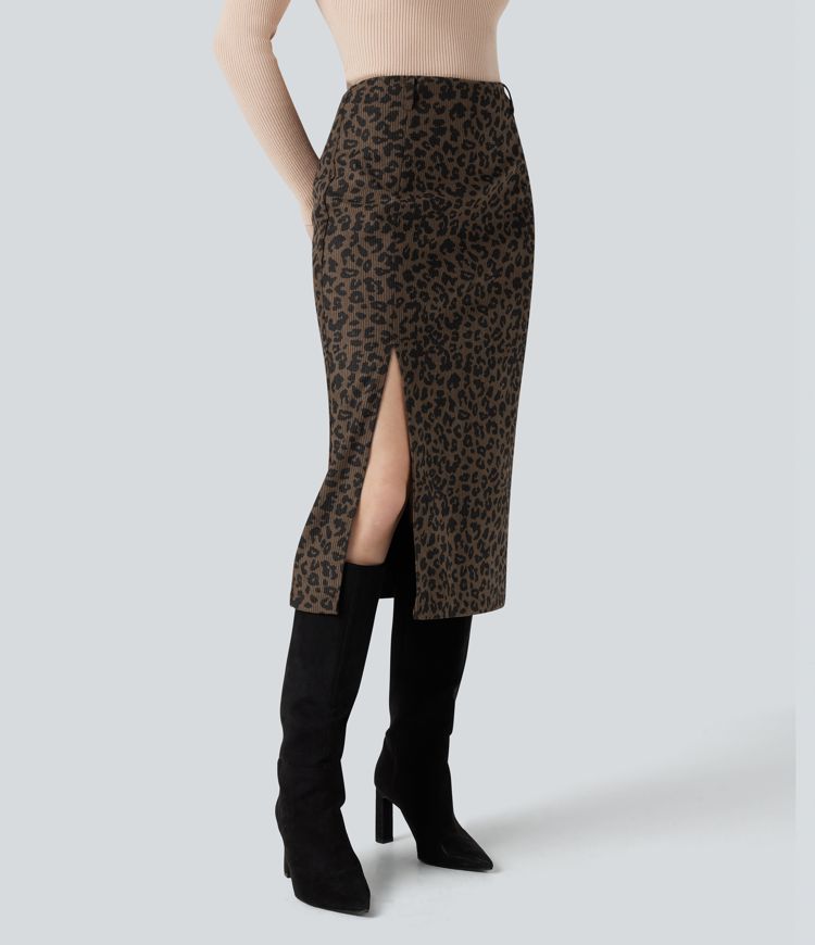 High Waisted Split Hem Midi Leopard Print Corduroy Casual Pencil Skirt