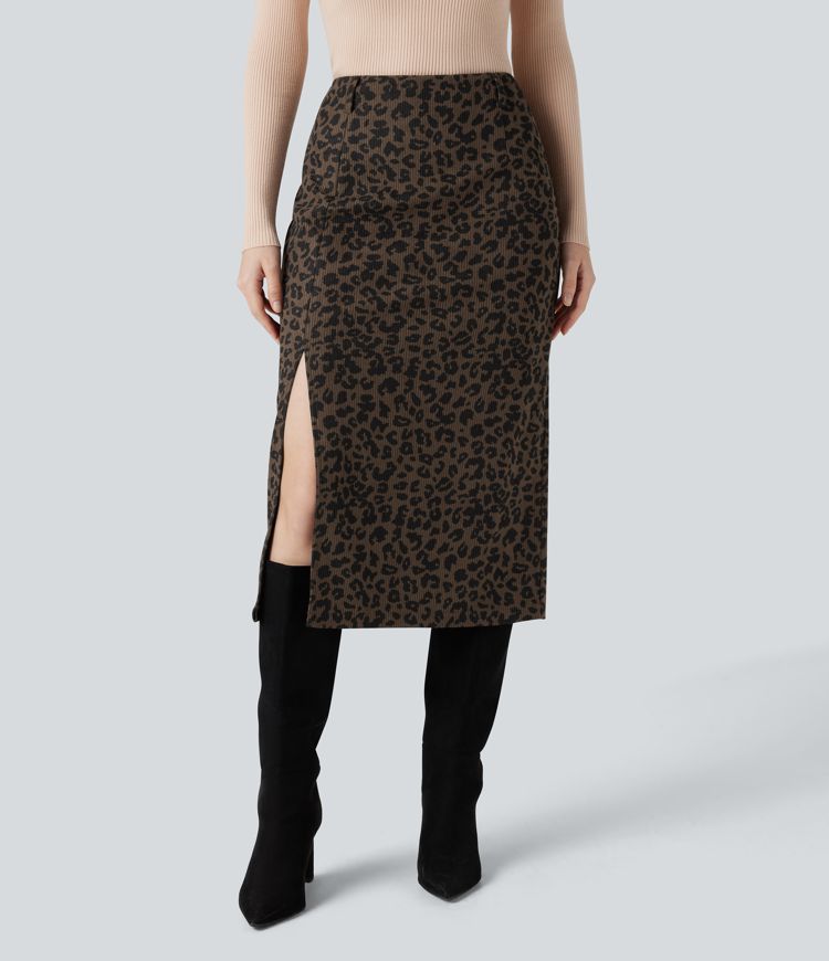 High Waisted Split Hem Midi Leopard Print Corduroy Casual Pencil Skirt