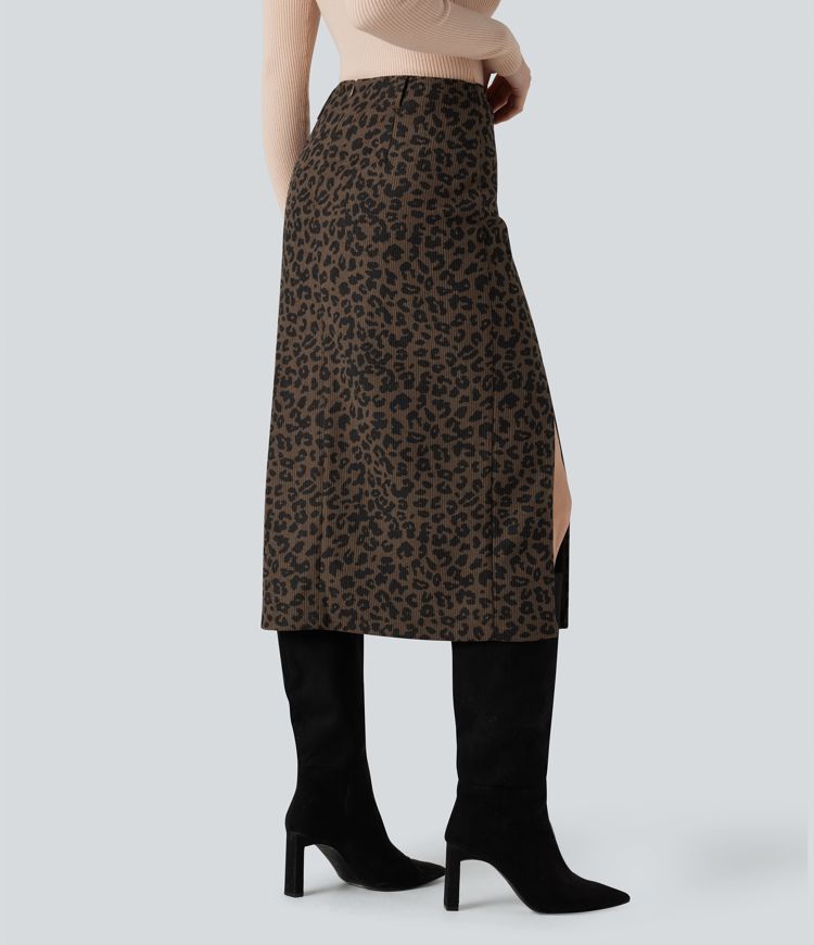 High Waisted Split Hem Midi Leopard Print Corduroy Casual Pencil Skirt