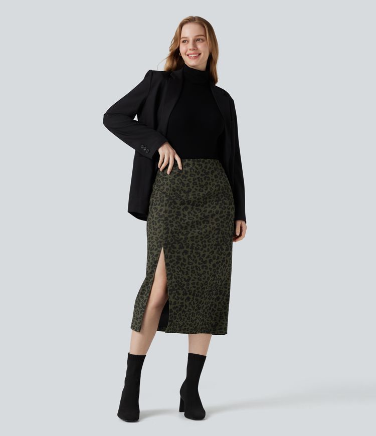 High Waisted Split Hem Midi Leopard Print Corduroy Casual Pencil Skirt