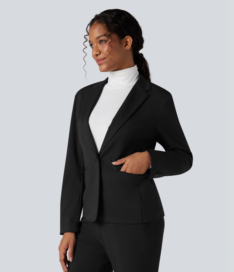 Wrinkle-resistant Notched Collar Long Sleeve Slim Work Blazer with Pockets