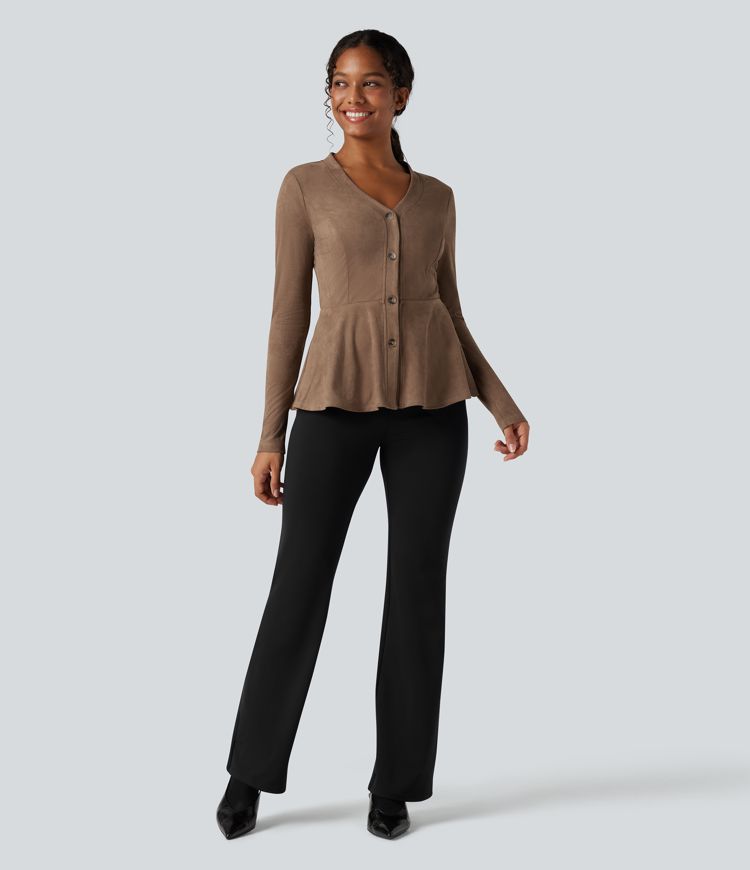 V-neck Long Sleeve Ruffle Hem Casual Suede Jacket