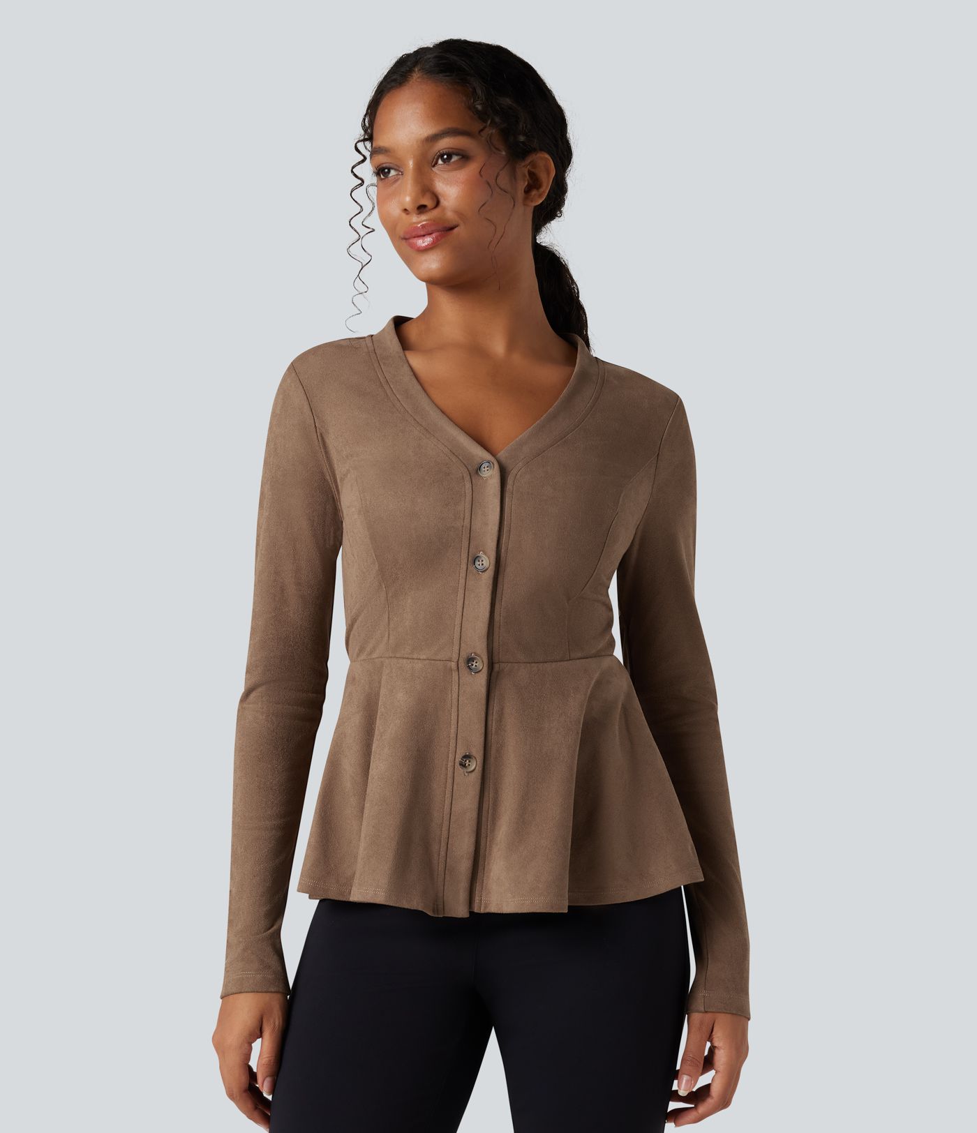 V-neck Long Sleeve Ruffle Hem Casual Suede Jacket