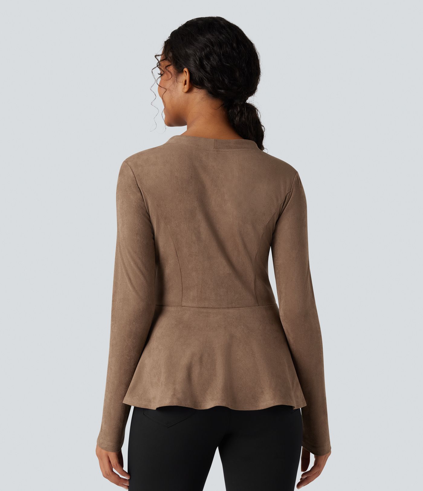 V-neck Long Sleeve Ruffle Hem Casual Suede Jacket