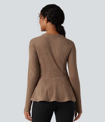 V-neck Long Sleeve Ruffle Hem Casual Suede Jacket