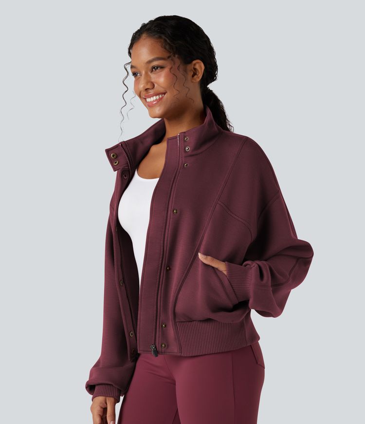 SpacerTek™ - Workout-Jacke mit hohem Kragen, Seitentaschen, Fledermausärmeln und kontrastgerippten Details