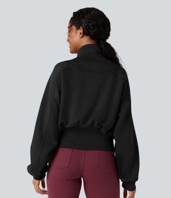 SpacerTek™ High-neck Batwing Sleeve Contrast Ribbed Workout Jacket with Pockets