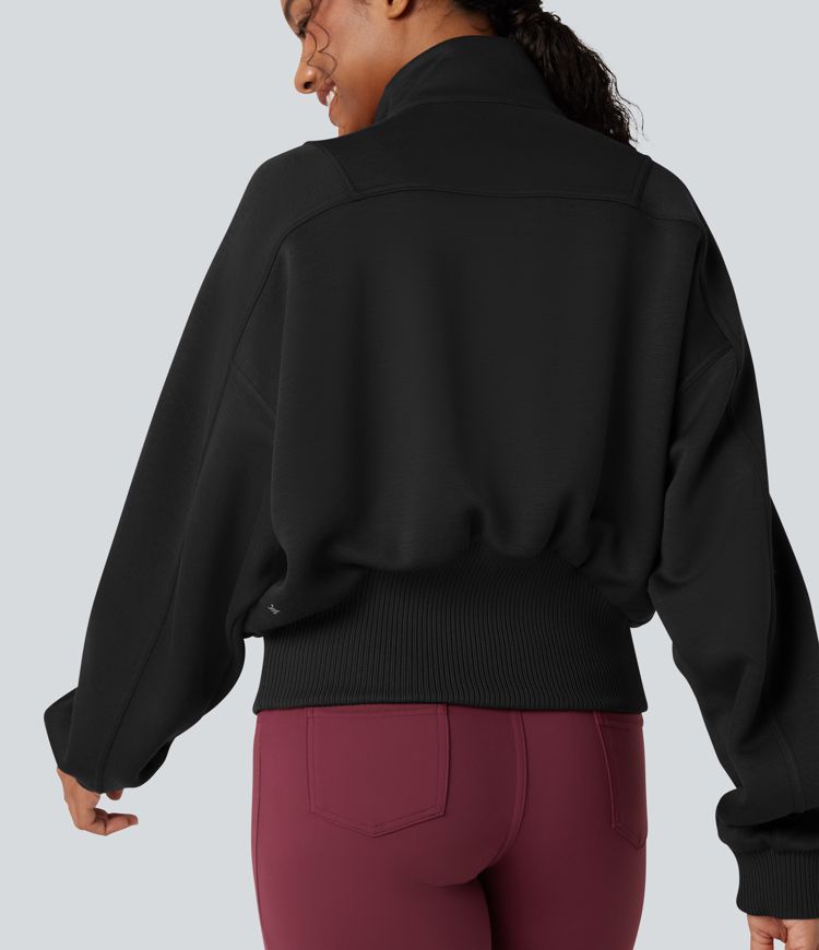 SpacerTek™ High-neck Batwing Sleeve Contrast Ribbed Workout Jacket with Pockets