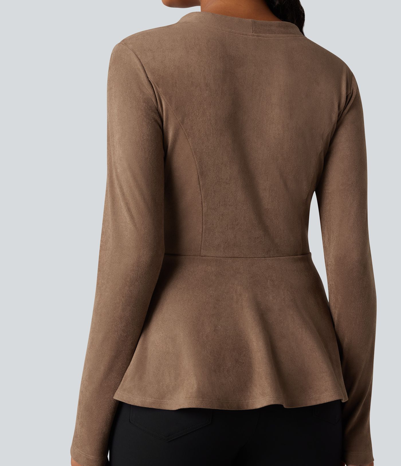 V-neck Long Sleeve Ruffle Hem Casual Suede Jacket