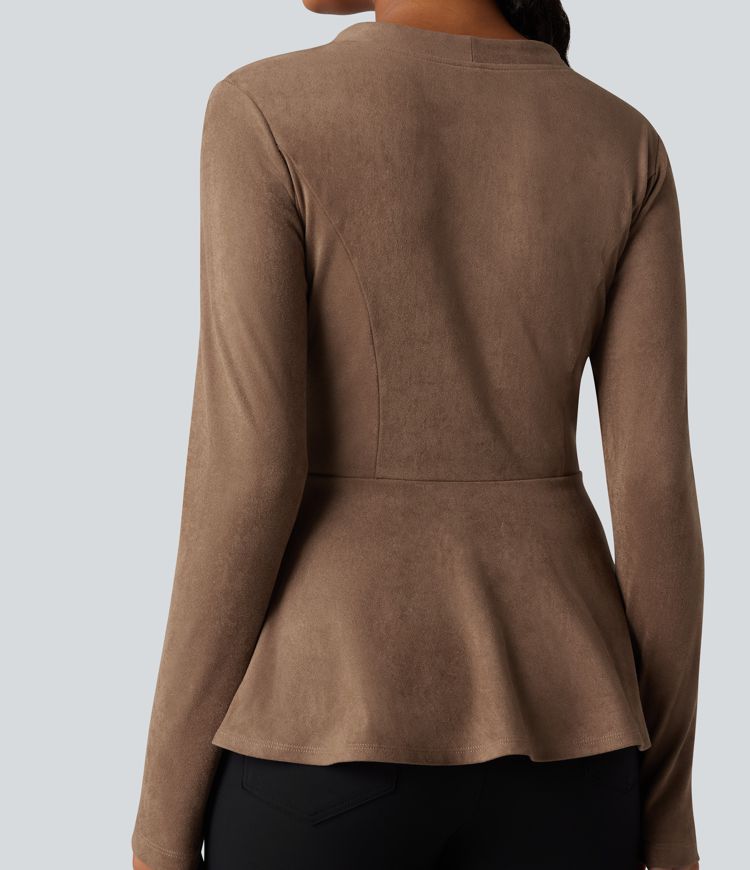 V-neck Long Sleeve Ruffle Hem Casual Suede Jacket