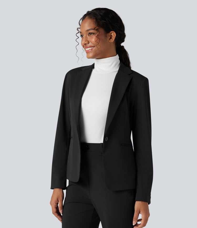 Wrinkle-resistant Notched Collar Long Sleeve Slim Work Blazer with Pockets