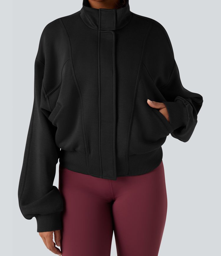 SpacerTek™ High-neck Batwing Sleeve Contrast Ribbed Workout Jacket with Pockets