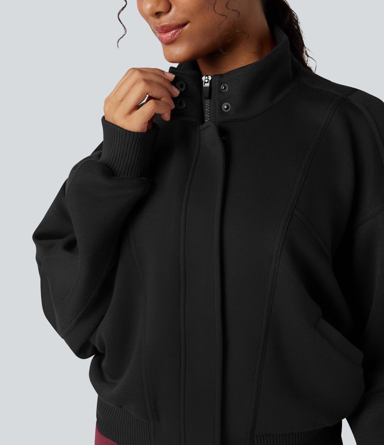 SpacerTek™ High-neck Batwing Sleeve Contrast Ribbed Workout Jacket with Pockets