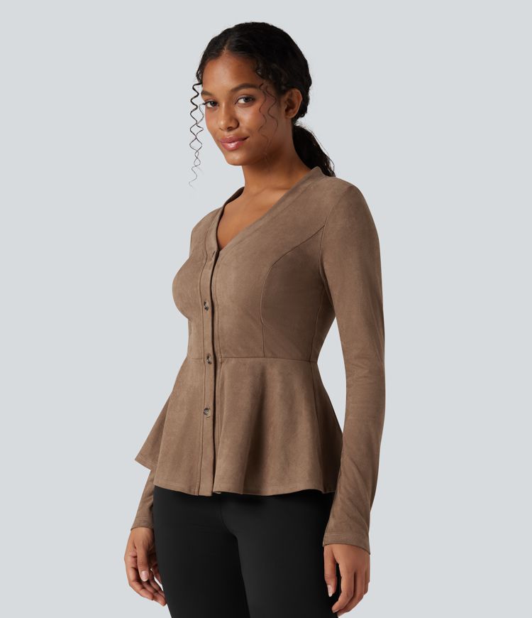 Veste daim col V ourlet à volants manches longues