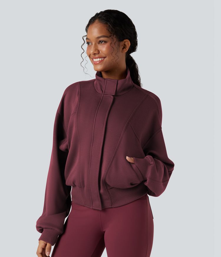 Veste de sport col montant à manches chauve-souris avec détails côtelés contrastés et poches
