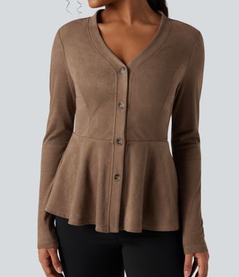 V-neck Long Sleeve Ruffle Hem Casual Suede Jacket