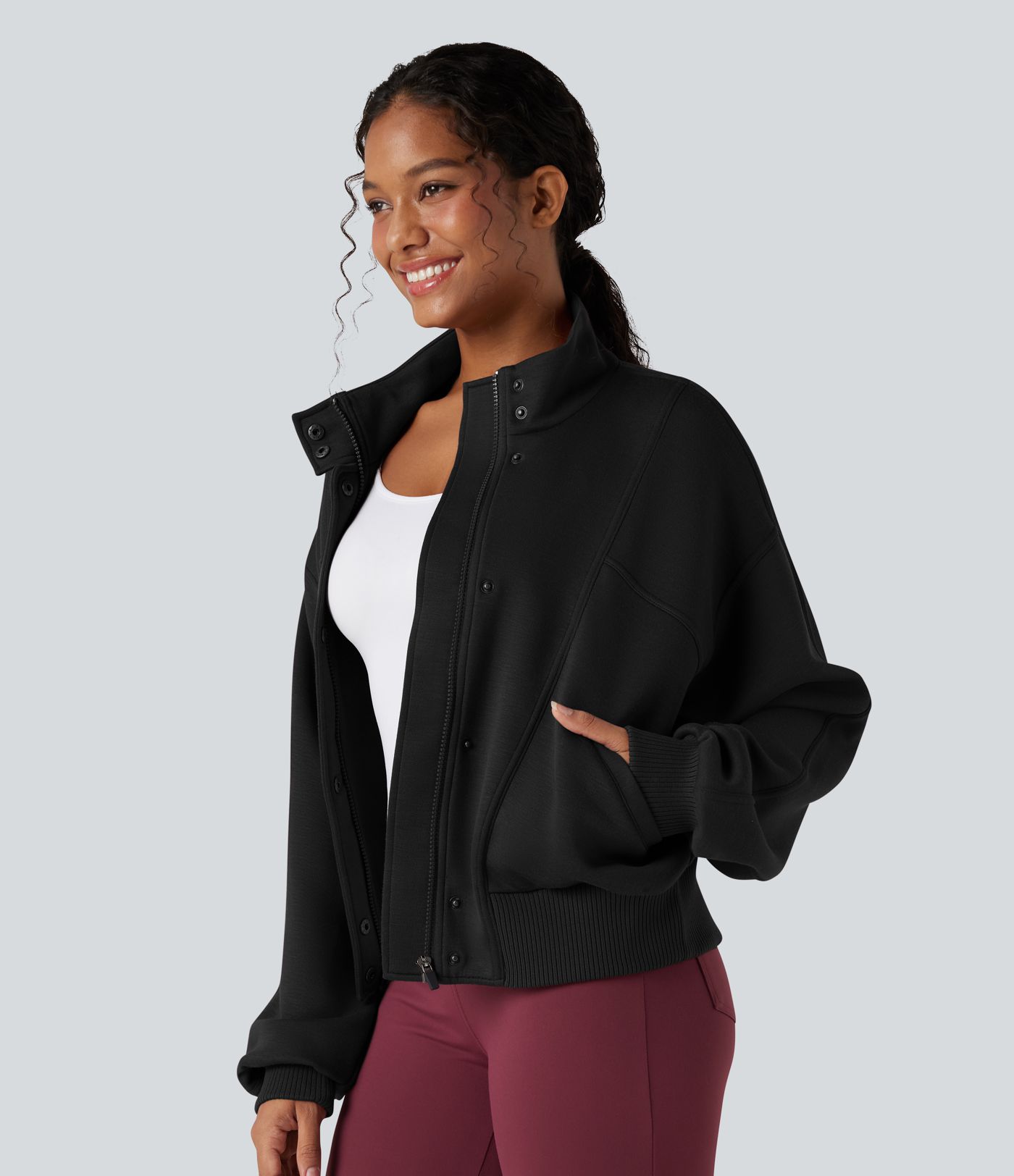SpacerTek™ High-neck Batwing Sleeve Contrast Ribbed Workout Jacket with Pockets