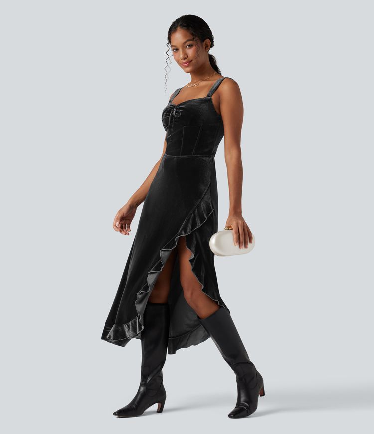 Queen Anne Neck Bow Front Ruffle Hem Velvet Midi Dress