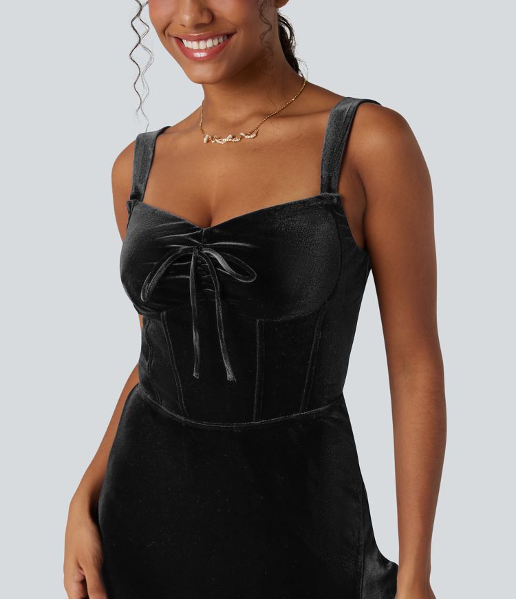 Queen Anne Neck Bow Front Ruffle Hem Velvet Midi Dress