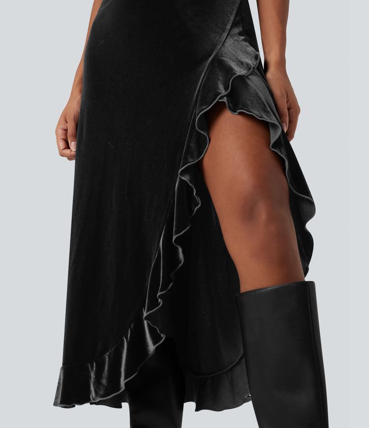 Queen Anne Neck Bow Front Ruffle Hem Velvet Midi Dress