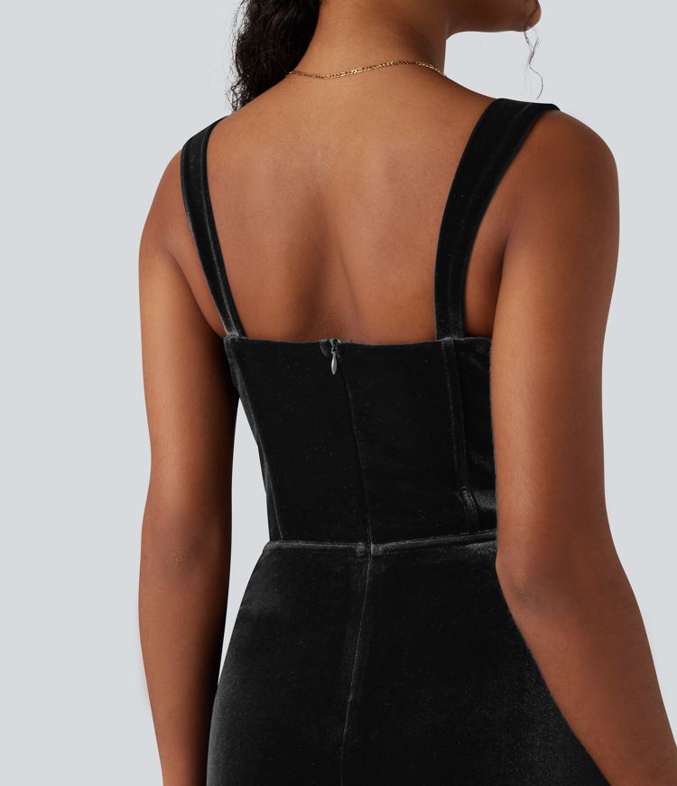 Queen Anne Neck Bow Front Ruffle Hem Velvet Midi Dress