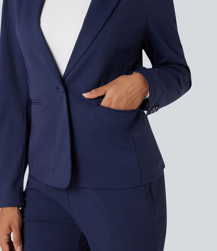 Wrinkle-resistant Notched Collar Long Sleeve Slim Work Blazer with Pockets