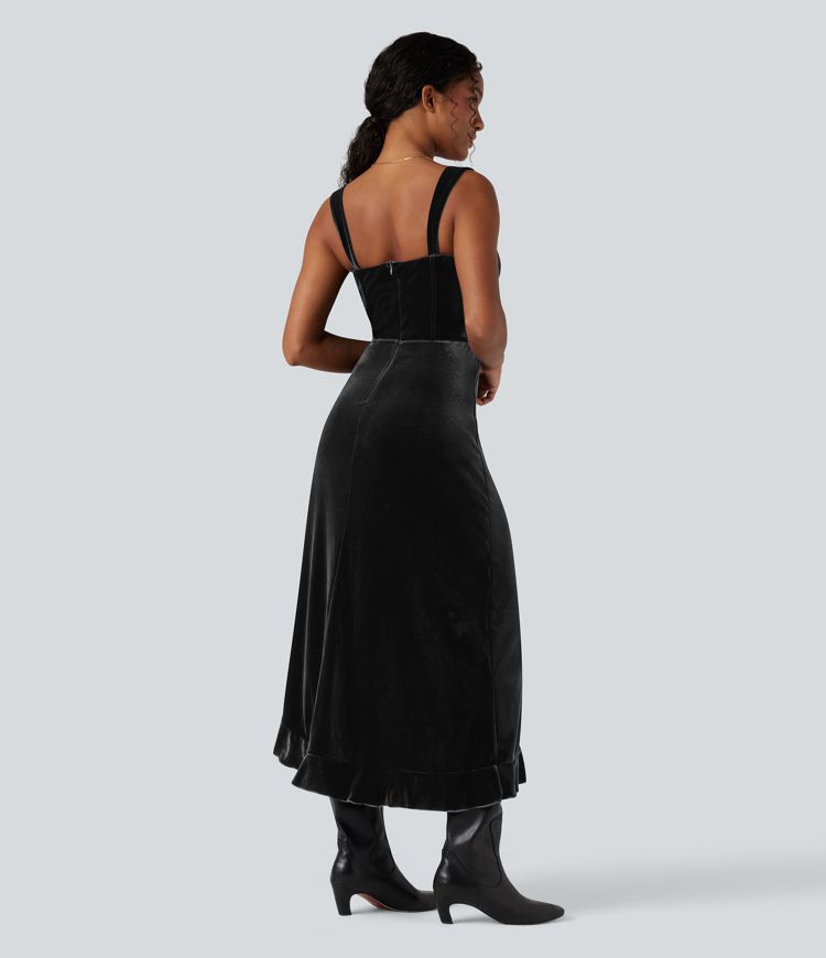 Queen Anne Neck Bow Front Ruffle Hem Velvet Midi Dress