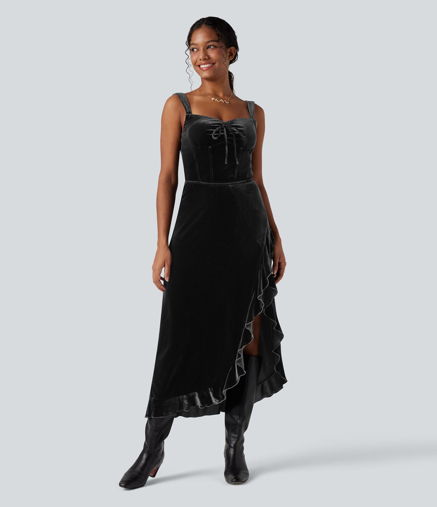 Queen Anne Neck Bow Front Ruffle Hem Velvet Midi Dress