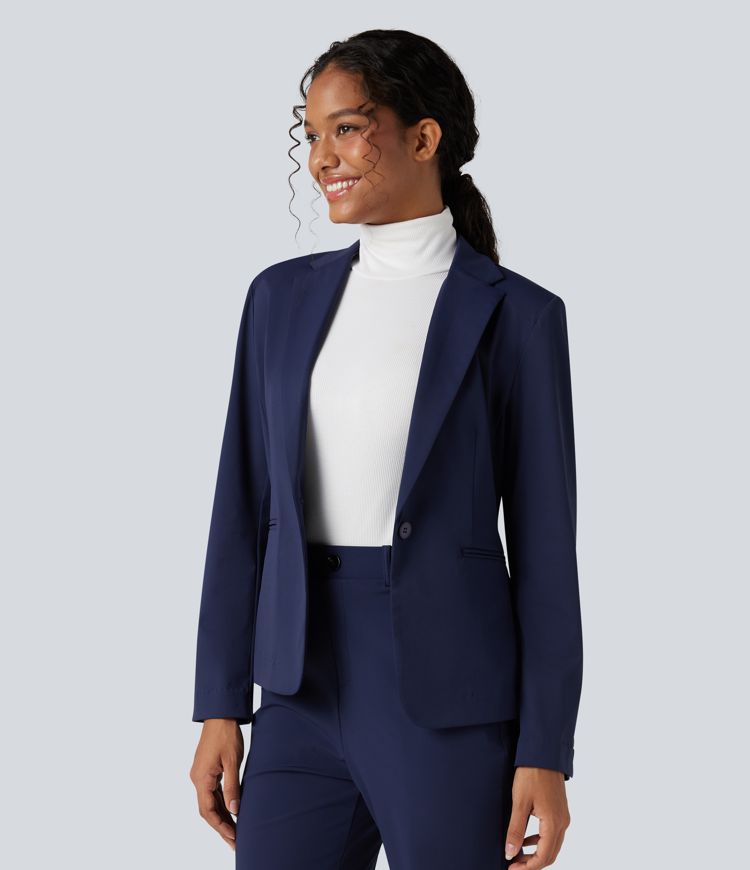 Wrinkle-resistant Notched Collar Long Sleeve Slim Work Blazer with Pockets