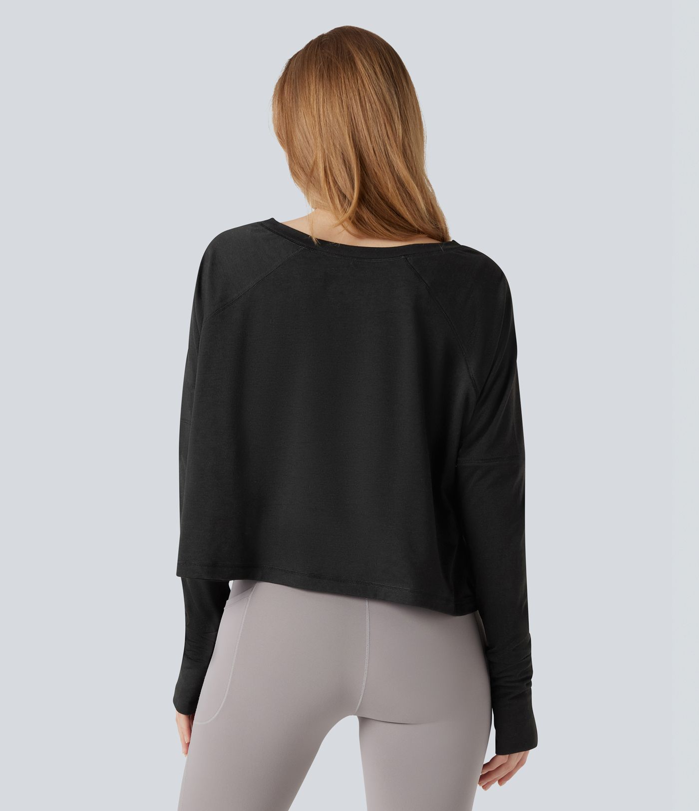 Round Neck Long Sleeve Thumb Holes High Low Relaxed Running Sports Top