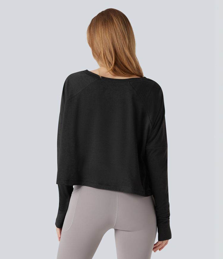Round Neck Long Sleeve Thumb Holes High Low Relaxed Running Sports Top