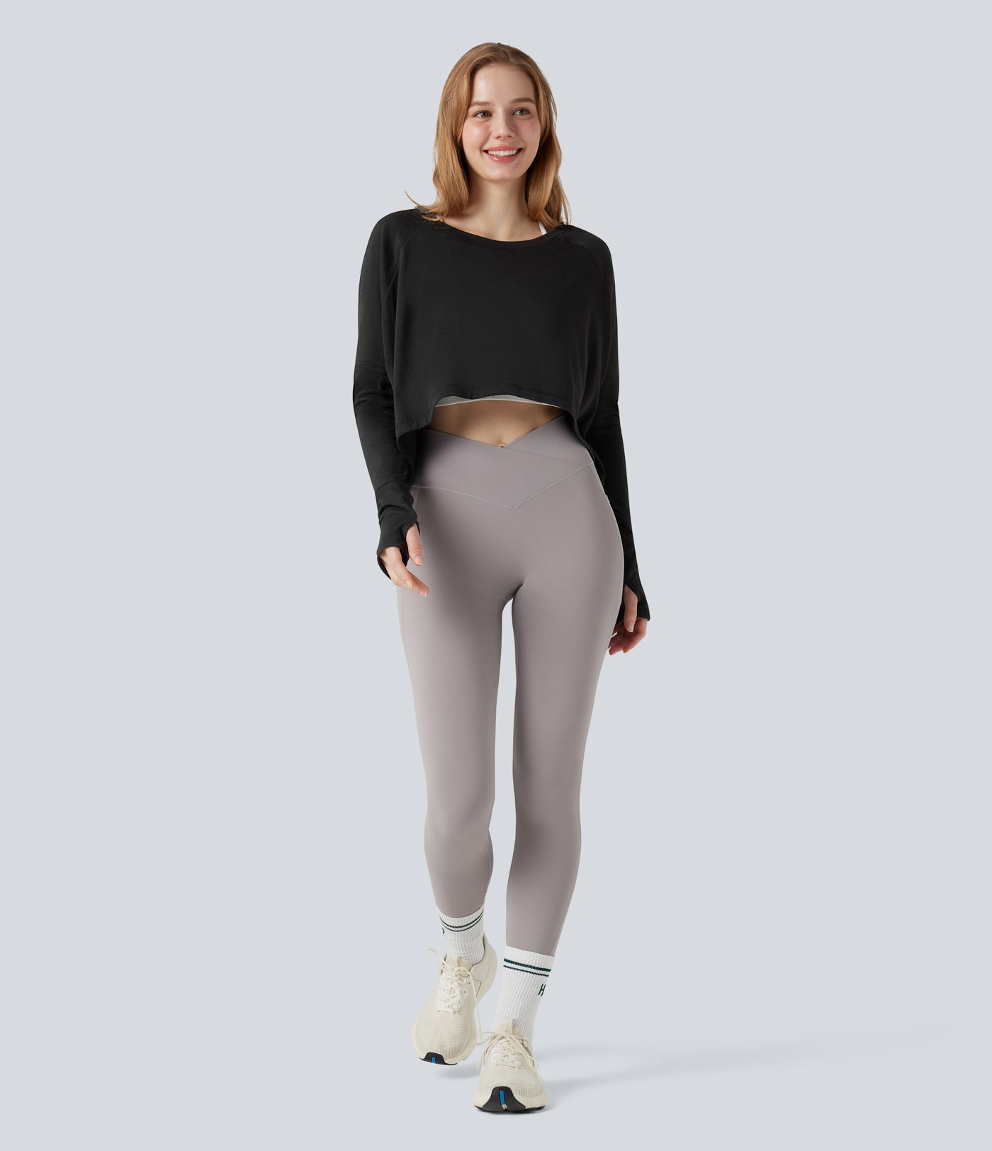 Round Neck Long Sleeve Thumb Holes High Low Relaxed Running Sports Top