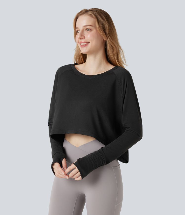 Round Neck Long Sleeve Thumb Holes High Low Relaxed Running Sports Top