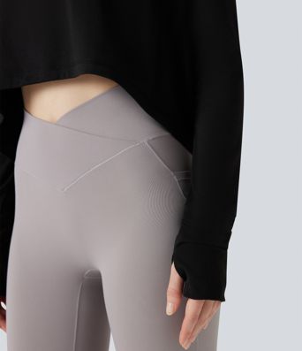 Round Neck Long Sleeve Thumb Holes High Low Relaxed Running Sports Top