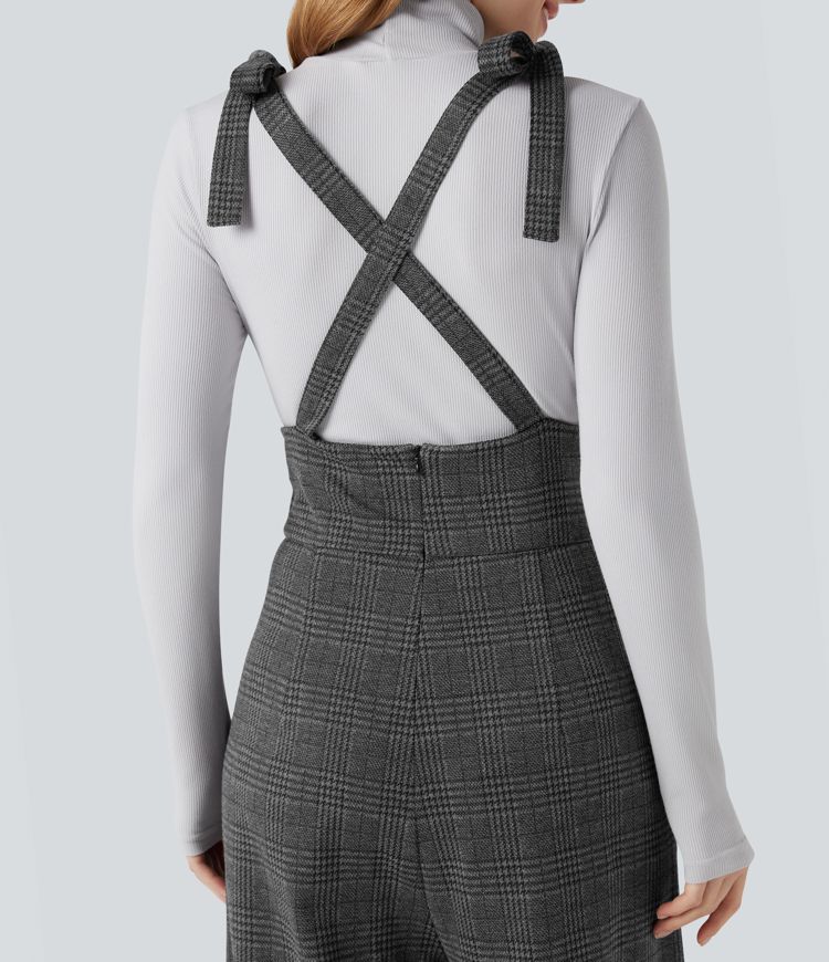Tie Side Wide Leg Houndstooth Plaid Work Overalls with Pockets
