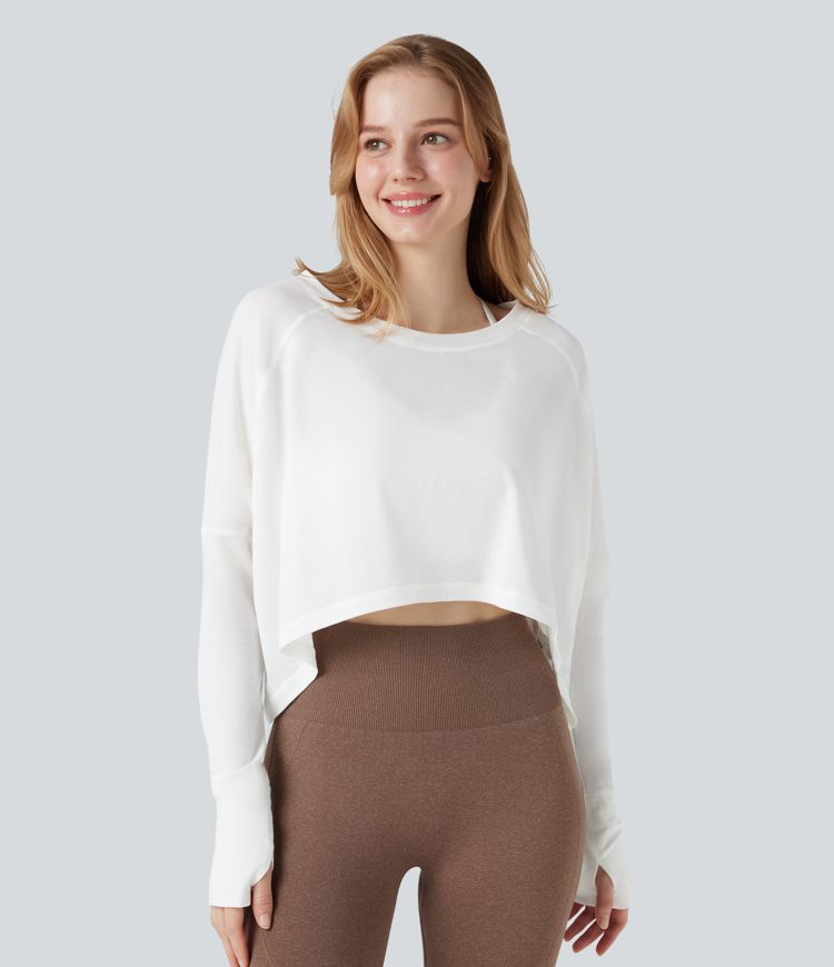 Round Neck Long Sleeve Thumb Holes High Low Relaxed Running Sports Top