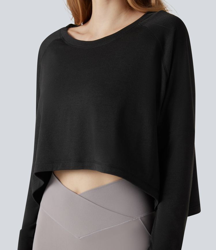 Round Neck Long Sleeve Thumb Holes High Low Relaxed Running Sports Top