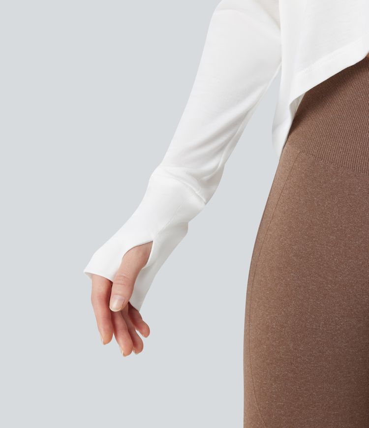 Round Neck Long Sleeve Thumb Holes High Low Relaxed Running Sports Top