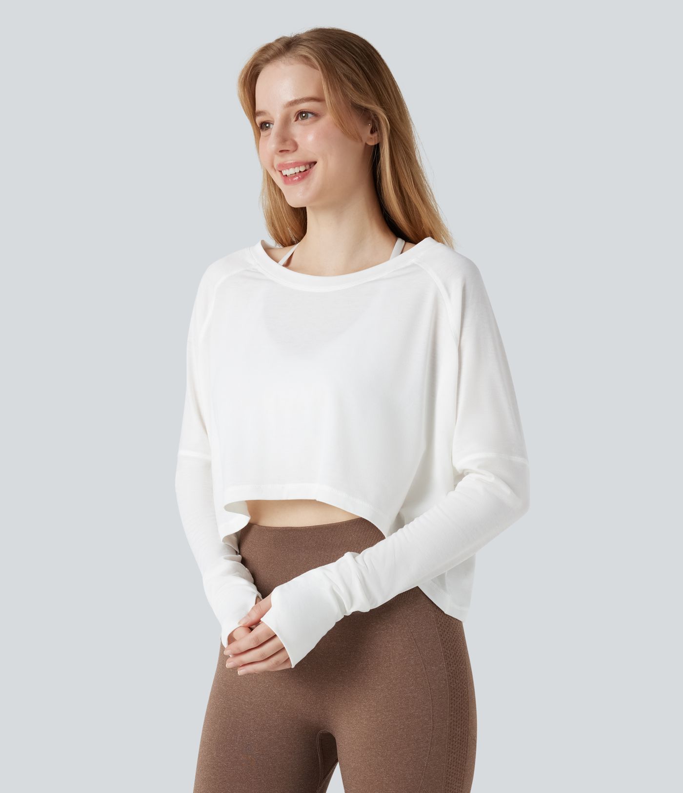 Round Neck Long Sleeve Thumb Holes High Low Relaxed Running Sports Top