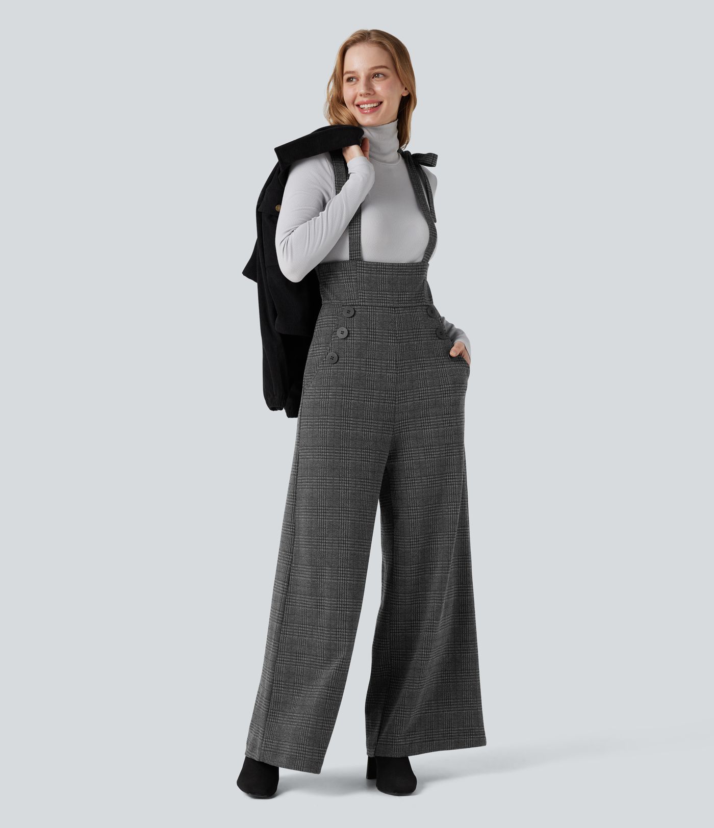 Tie Side Wide Leg Houndstooth Plaid Work Overalls with Pockets