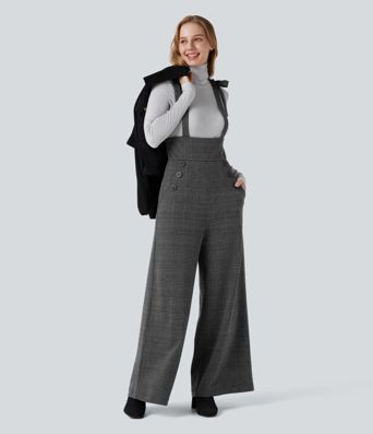 Tie Side Wide Leg Houndstooth Plaid Work Overalls with Pockets