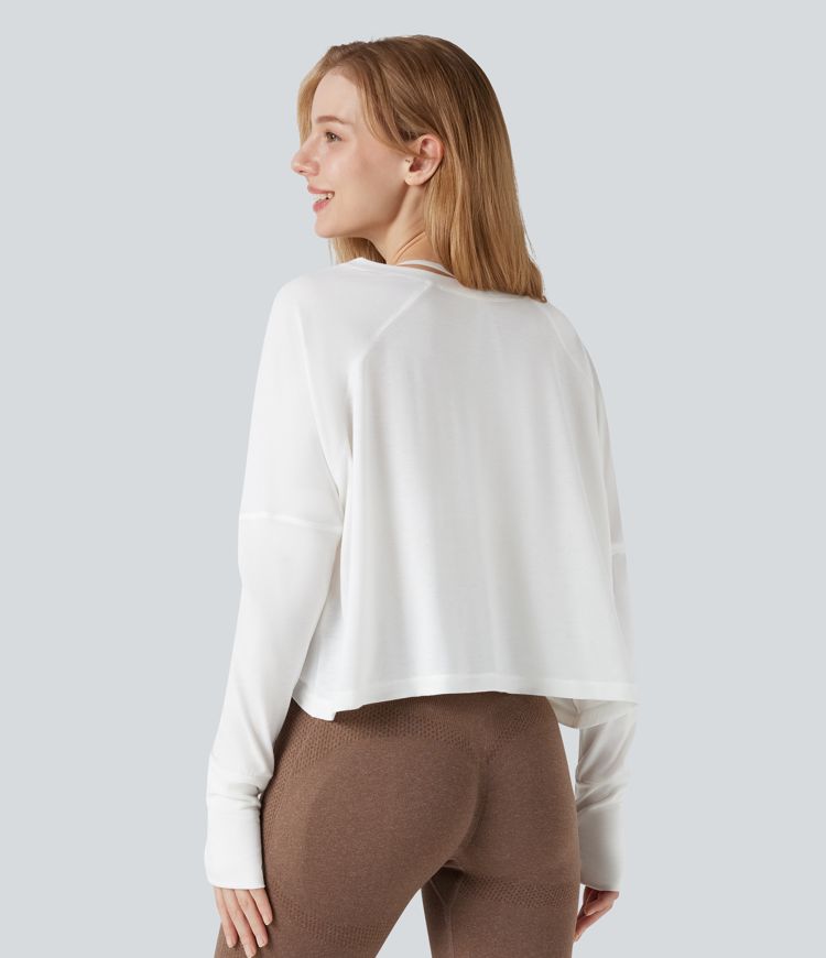 Round Neck Long Sleeve Thumb Holes High Low Relaxed Running Sports Top