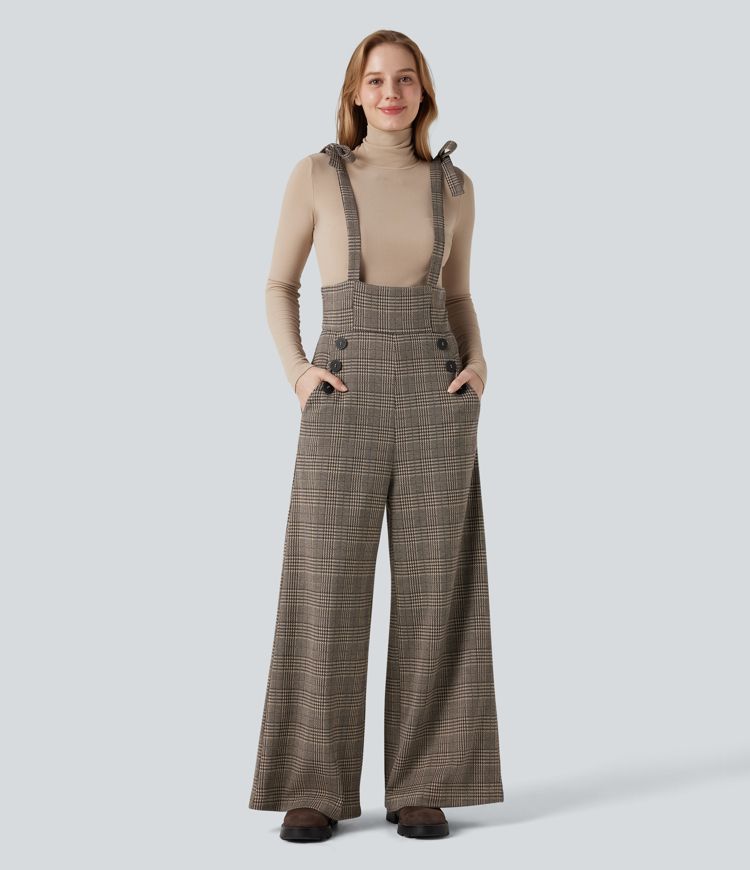 Brown Houndstooth Plaid Salopette tailleur pied-de-poule à carreaux jambes larges liens latéraux avec poches / 1