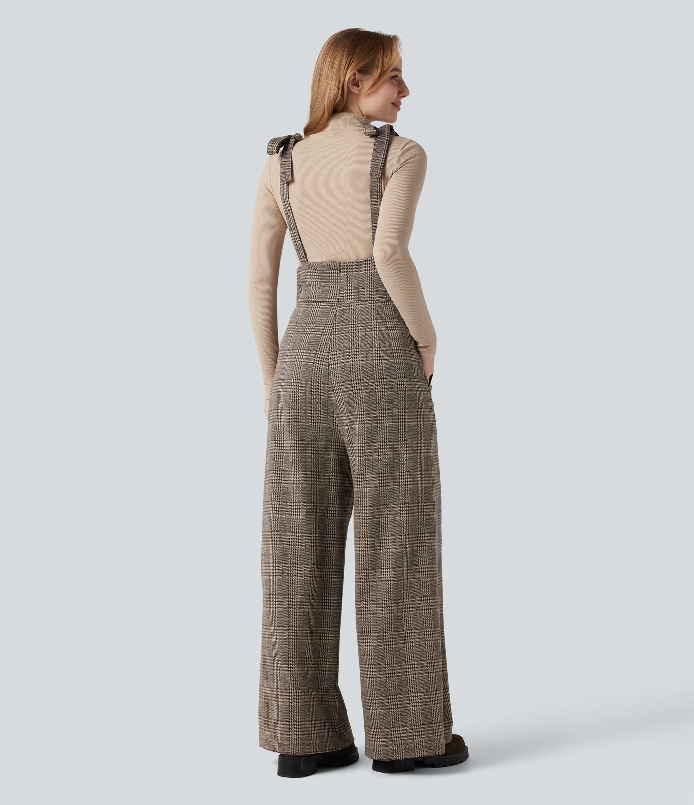 Arbeitsoverall mit Seitentaschen, Karomuster, seitlicher Schnürung und weitem Bein