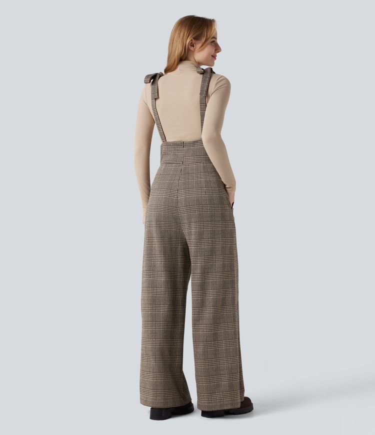 Salopette tailleur pied-de-poule à carreaux jambes larges liens latéraux avec poches