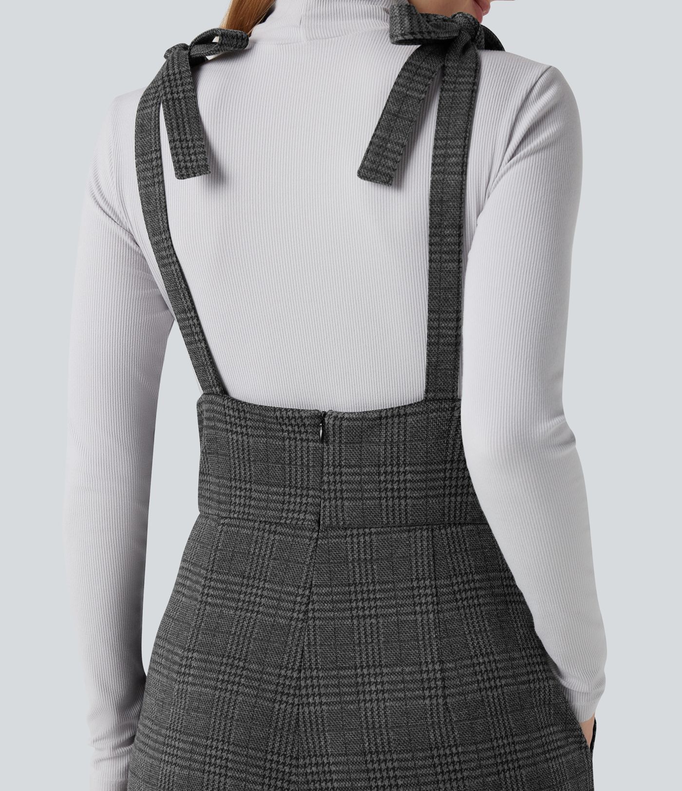 Tie Side Wide Leg Houndstooth Plaid Work Overalls with Pockets