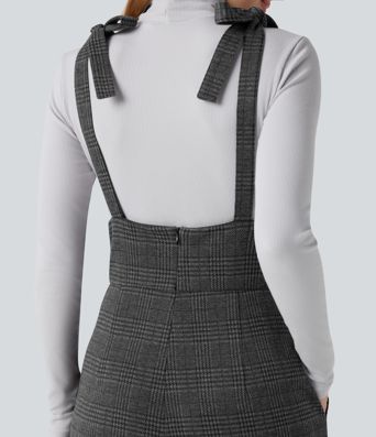 Tie Side Wide Leg Houndstooth Plaid Work Overalls with Pockets