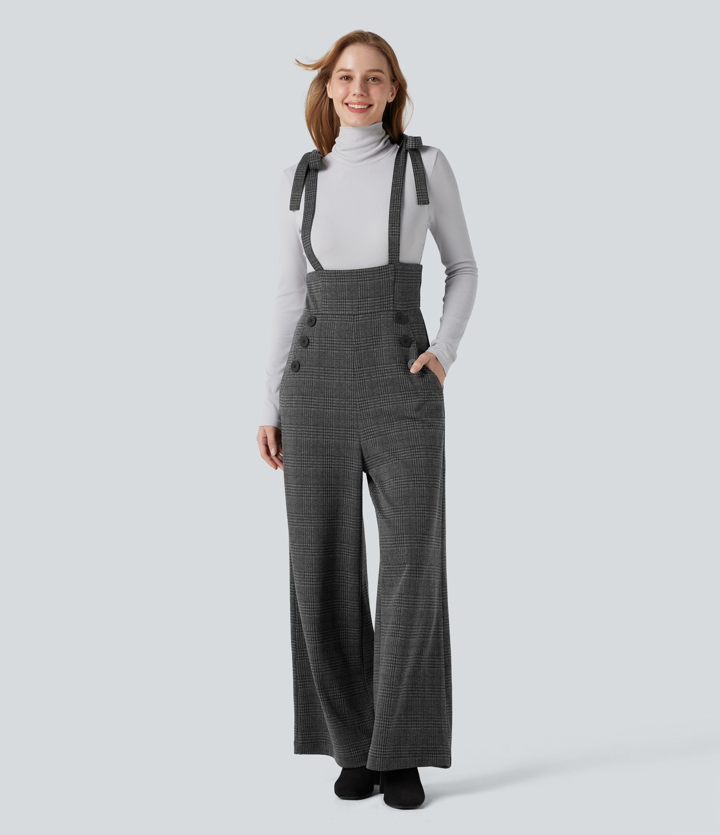 Tie Side Wide Leg Houndstooth Plaid Work Overalls with Pockets