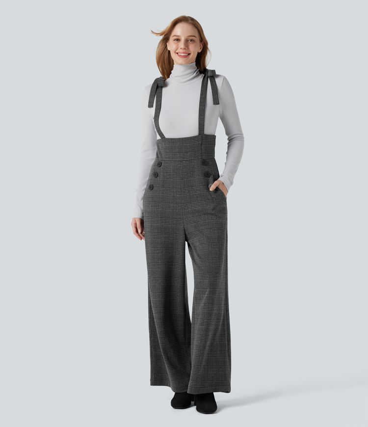 Tie Side Wide Leg Houndstooth Plaid Work Overalls with Pockets